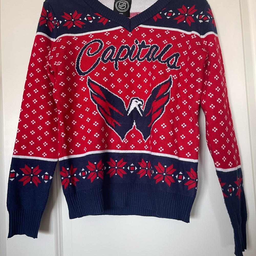 NHL Washington Capitals Red and Navy V-Neck Holiday Sweater